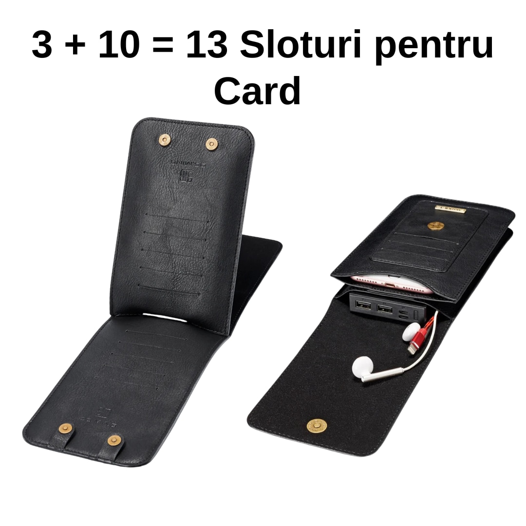 Husa Telefon, Compatibila telefoane pana la 7 inch, Material PU, 2 in 1, Tip Portofel, 13 Sloturi Card, Spatiu Baterie Externa, Inchidere Magnet, Prindere Curea, Neagra