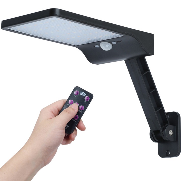 Lampa solara de strada cu telecomanda, 3 moduri, montare pe perete, negru