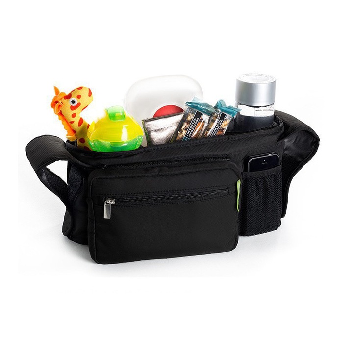 Organizator universal pentru carucior cu 2 suporturi termo, buzunar cu fermoar, negru