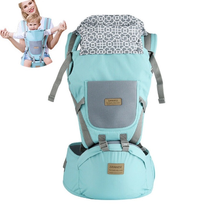 Marsupiu ergonomic cu suport pentru solduri, ajustabil, 3-48 luni, Bumbac, Albastru deschis