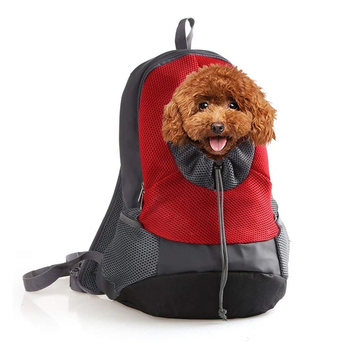Ghiozdan pentru caini mici, AMRNUGL, gri/rosu, material respirabil, dimensiune mica