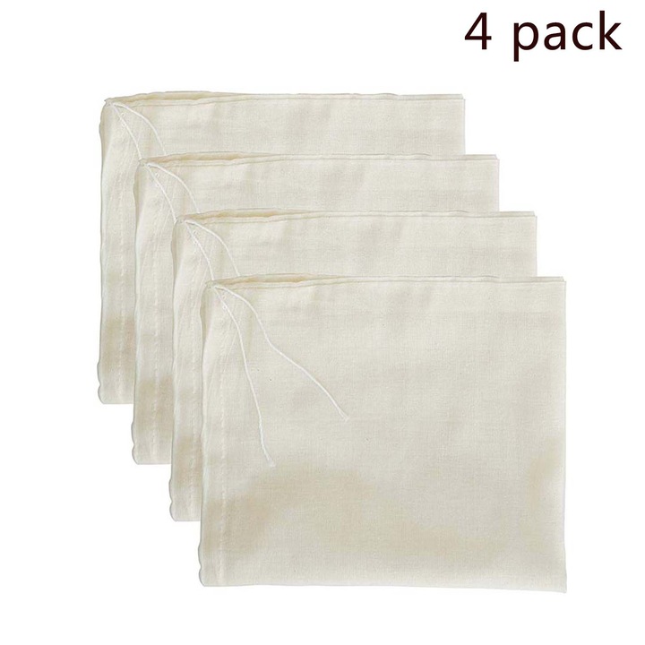 Saci filtranti din bumbac natural, reutilizabili, 25x30cm, pentru lapte de nuci, cafea, ceai, branza, 4 buc