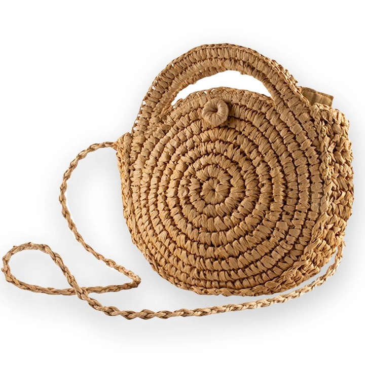 Дамска сламена чанта, AMRINUGL, кръгъл дизайн, 28x30см, презрамка 50см