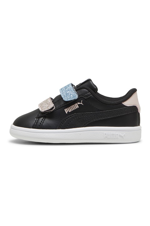 Puma, Pantofi sport Smash 3.0 de piele ecologica cu velcro si particule stralucitoare, Negru/Albastru lavanda/Roz prafuit