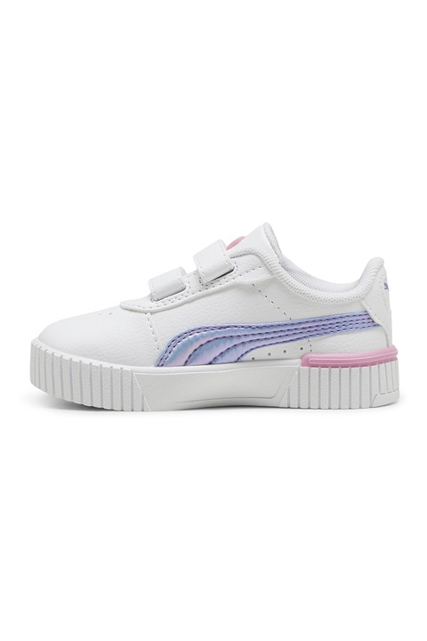 Puma, Pantofi sport de piele ecologica cu velcro Carina 2.0, Albastru lavanda/Roz pastel/Alb murdar