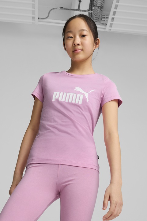 Puma, Tricou din bumbac cu imprimeu logo, Alb optic/Roz prafuit