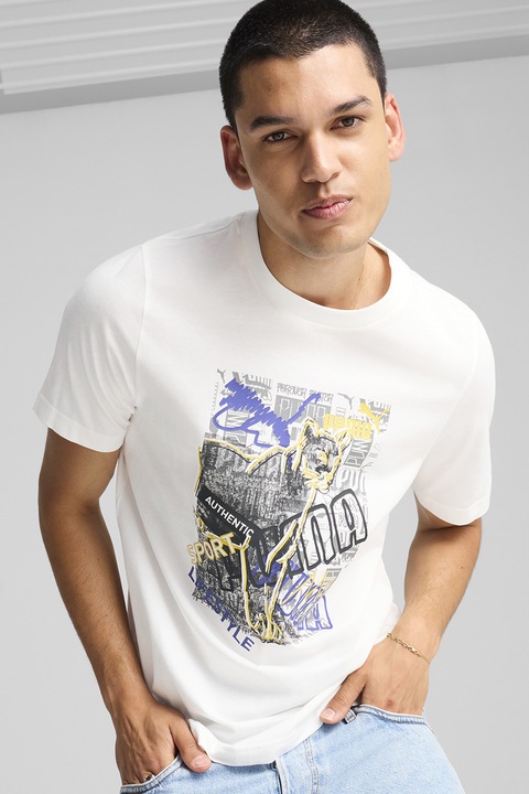 Puma, Tricou de bumbac cu imprimeu, Galben pal/Alb optic/Albastru indigo