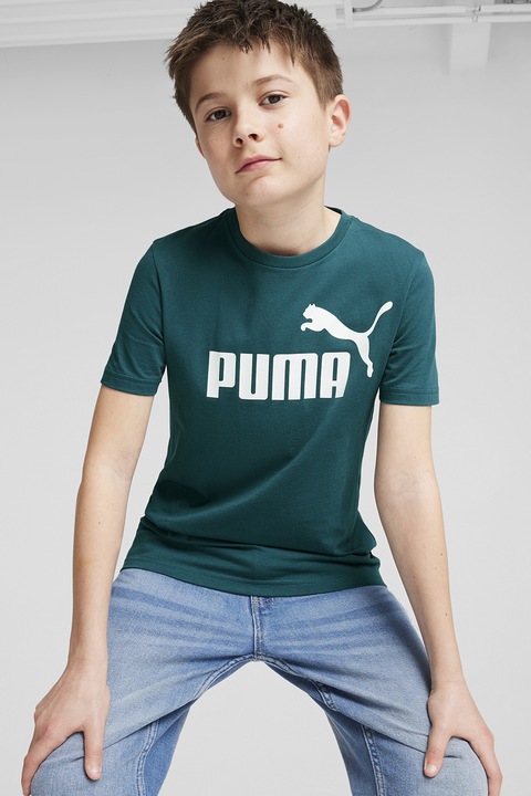 Puma, Tricou de bumbac cu imprimeu logo Essentials, Verde marin