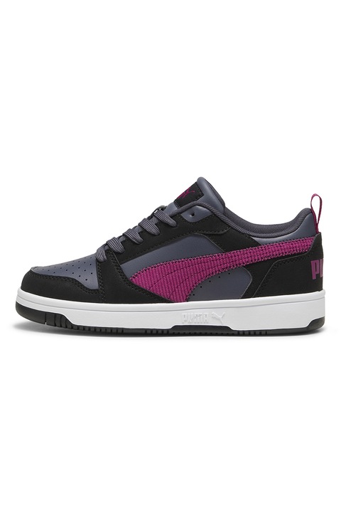 Puma, Pantofi sport din piele ecologica Rebound V6, Negru/Gri carbune/Albastru lavanda
