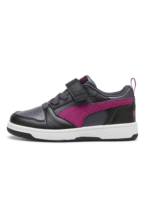 Puma, Pantofi sport cu bareta cu inchidere velcro Rebound V6, Negru/Gri carbune/Albastru lavanda