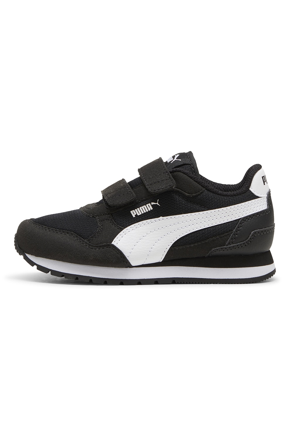 Puma, Pantofi sport ST Runner v4 cu bareta velcro si insertii de plasa, Alb, Negru, 29 EU