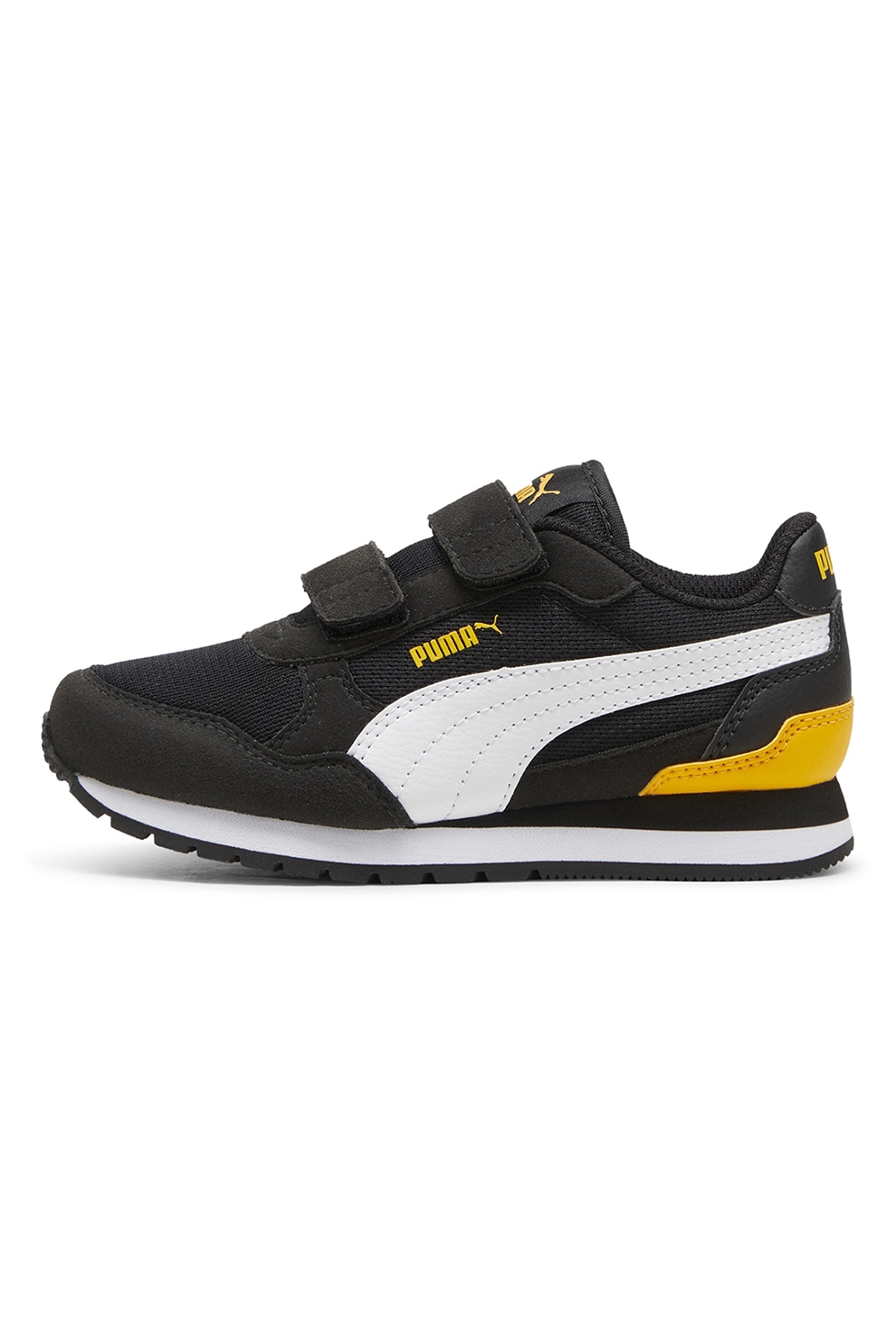 Puma, Pantofi sport ST Runner v4 cu bareta velcro si insertii de plasa, Alb, Negru, Galben, 28 EU
