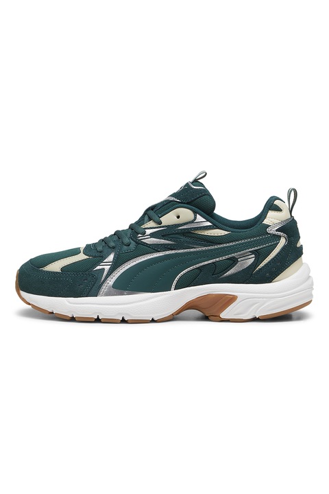 Puma, Pantofi sport cu garnituri din piele intoarsa Milenio Tech, Verde inchis/Argintiu