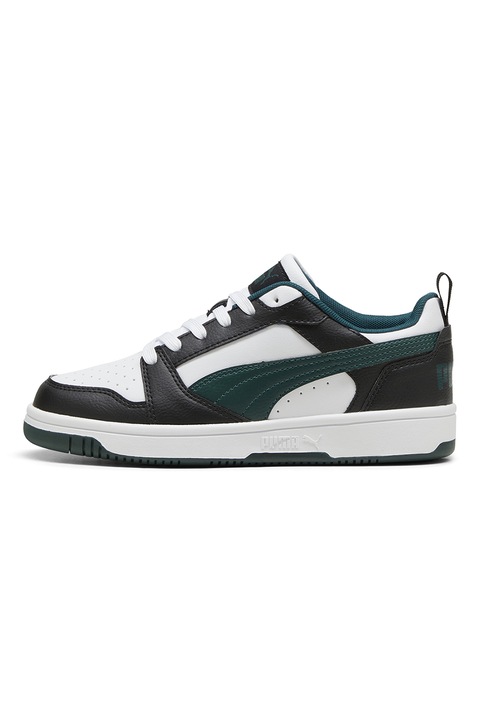 Puma, Pantofi sport Rebound V6 din piele ecologica, Alb/Negru/Verde inchis