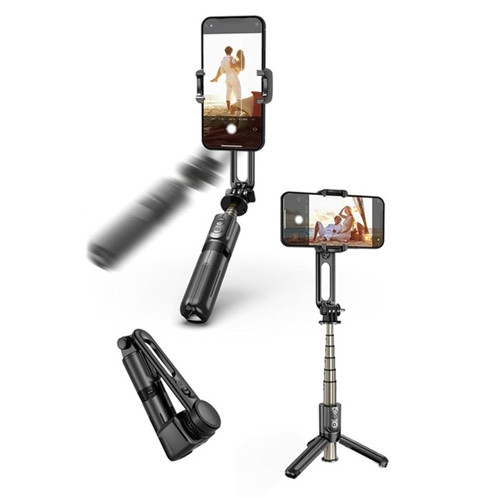 Selfie stick, cu Bluetooth, din ABS, extensie maxima 70 cm, culoare Negru, Stef's Cat