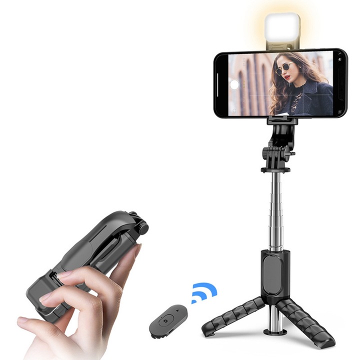Selfie stick, cu Bluetooth, din ABS, extensie maxima 76 cm, culoare Negru, Stef's Cat