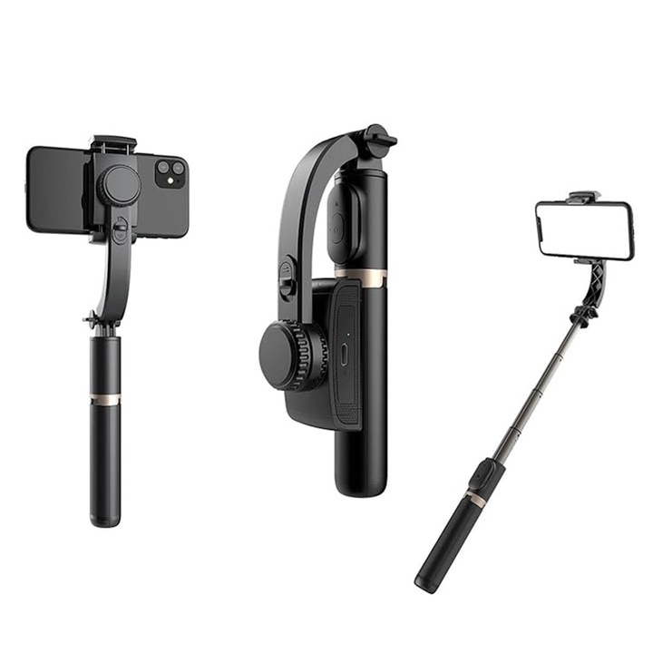 Selfie stick, cu Bluetooth, din ABS, extensie maxima 75 cm, culoare Negru, Stef's Cat