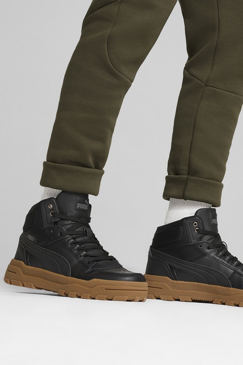 Puma, Pantofi sport mid-high cu insertii de piele Rebound Abrupt Cast, Negru/Maro scortisoara