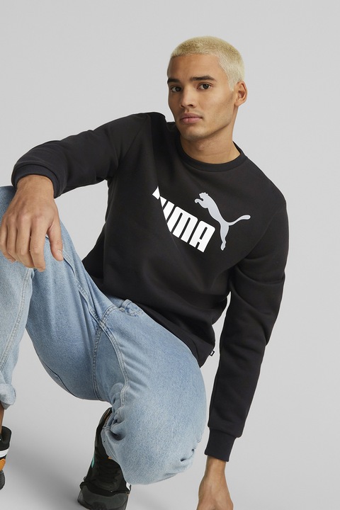Puma, Суитшърт Essentials с овално деколте и лого, Черен, Бял, 2XL