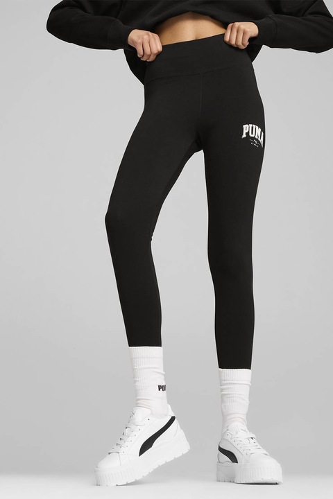 Puma, Colanti cu talie inalta si imprimeu logo Squad, Alb/Negru, XS
