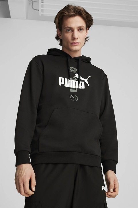 Puma, Hanorac cu buzunar kangaroo si imprimeu logo Power, Alb/Negru