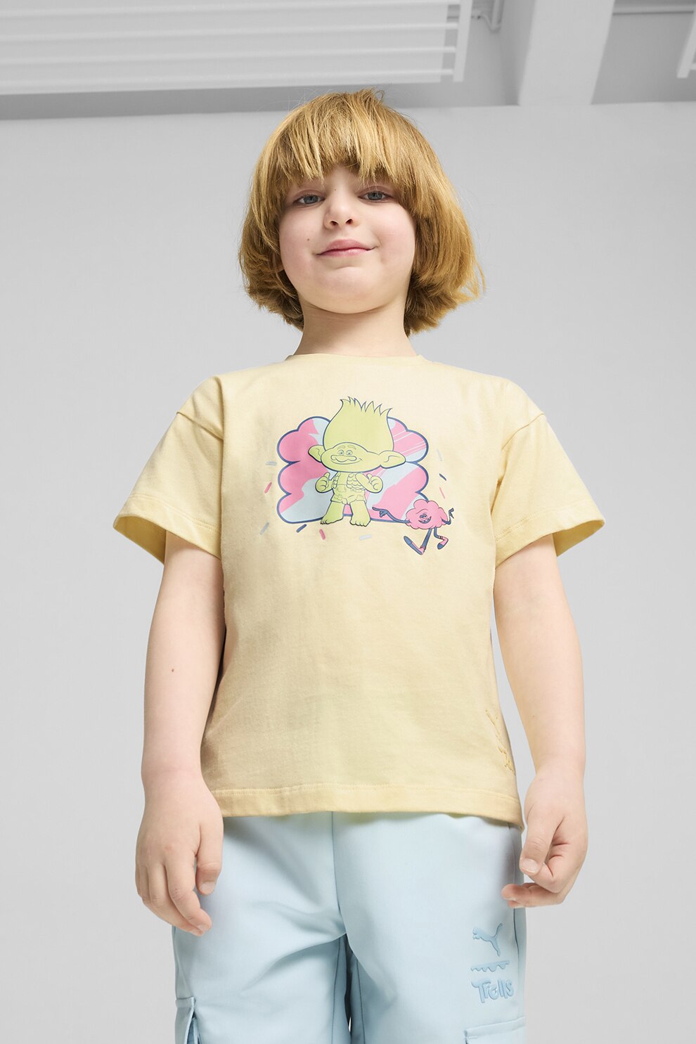 Puma, Tricou cu decolteu la baza gatului si imprimeu Trolls, Galben deschis, 104 CM