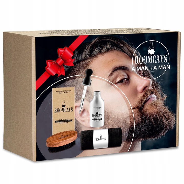 Set ingrijire barba ROOMCAYS – perie lemn + prosop bumbac + ulei hranitor 50 ml, hidratare intensiva, ingrediente naturale, cadou ideal