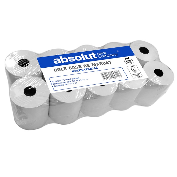 ABSOLUT термохартиена ролка, касов апарат, POS, 57mmx16m, 48g, 12mm туба, без BPA, комплект от 10 бр.