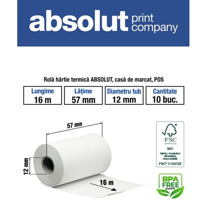 ABSOLUT термохартиена ролка, касов апарат, POS, 57mmx16m, 48g, 12mm туба, без BPA, комплект от 10 бр.