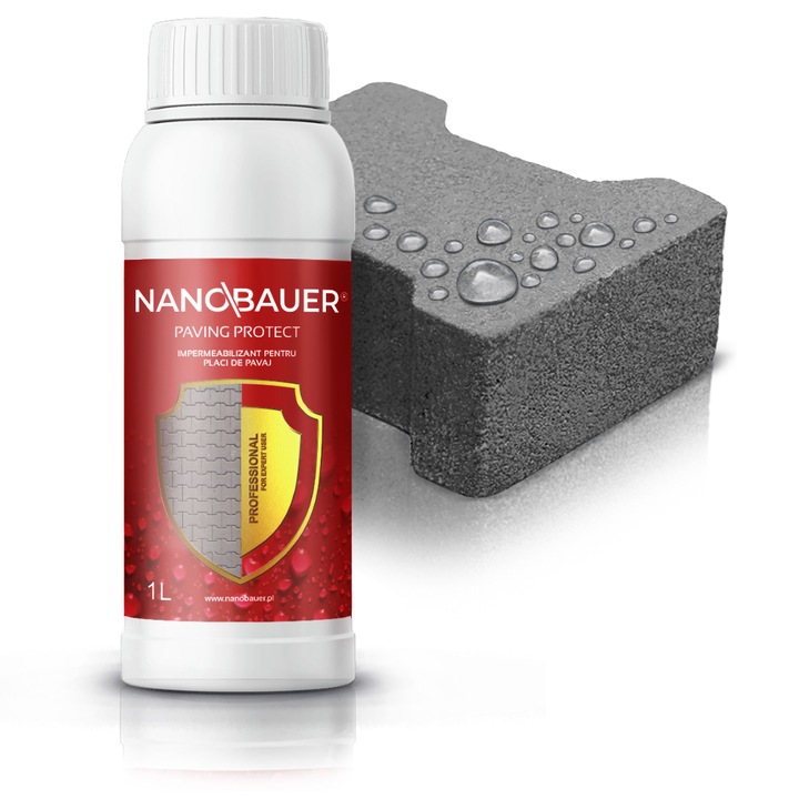 Nanobauer Paving Protect 1L – lichid, impregnant, solutie de impermeabilizare; strat protector hidrofob pentru pavaj; protectie eficienta impotriva umezelii, murdariei si patrunderii apei, reda aspectul curat suprafetelor exterioare