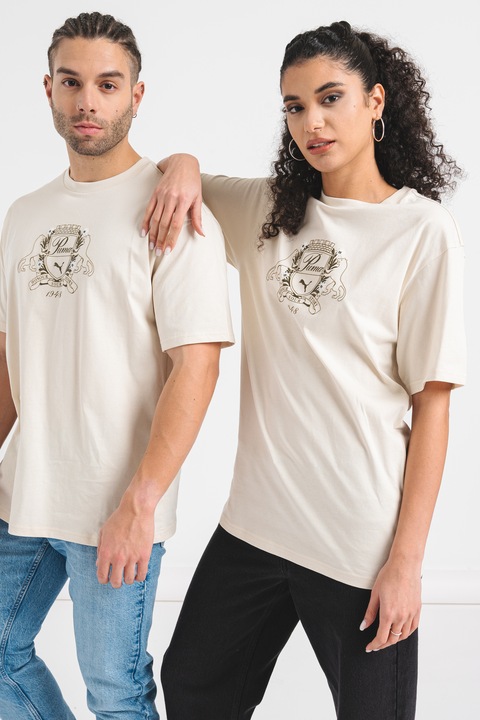 Puma, Tricou unisex cu decolteu la baza gatului, Alb murdar, M