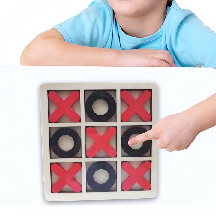 Prémium termék - Montessori Tic Tac Toe játék, Southern Sky, oktató, interaktív, fából, X és O, 9 darab, 14.3x14.3 cm, fekete-piros