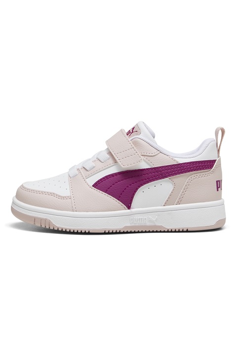 Puma, Pantofi sport Rebound V6 din piele ecologica cu velcro, Alb/Violet/Roz pastel