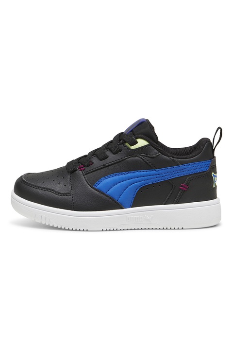 Puma, Pantofi sport din piele ecologica cu segmente din material textil Rebound, Negru/Albastru royal