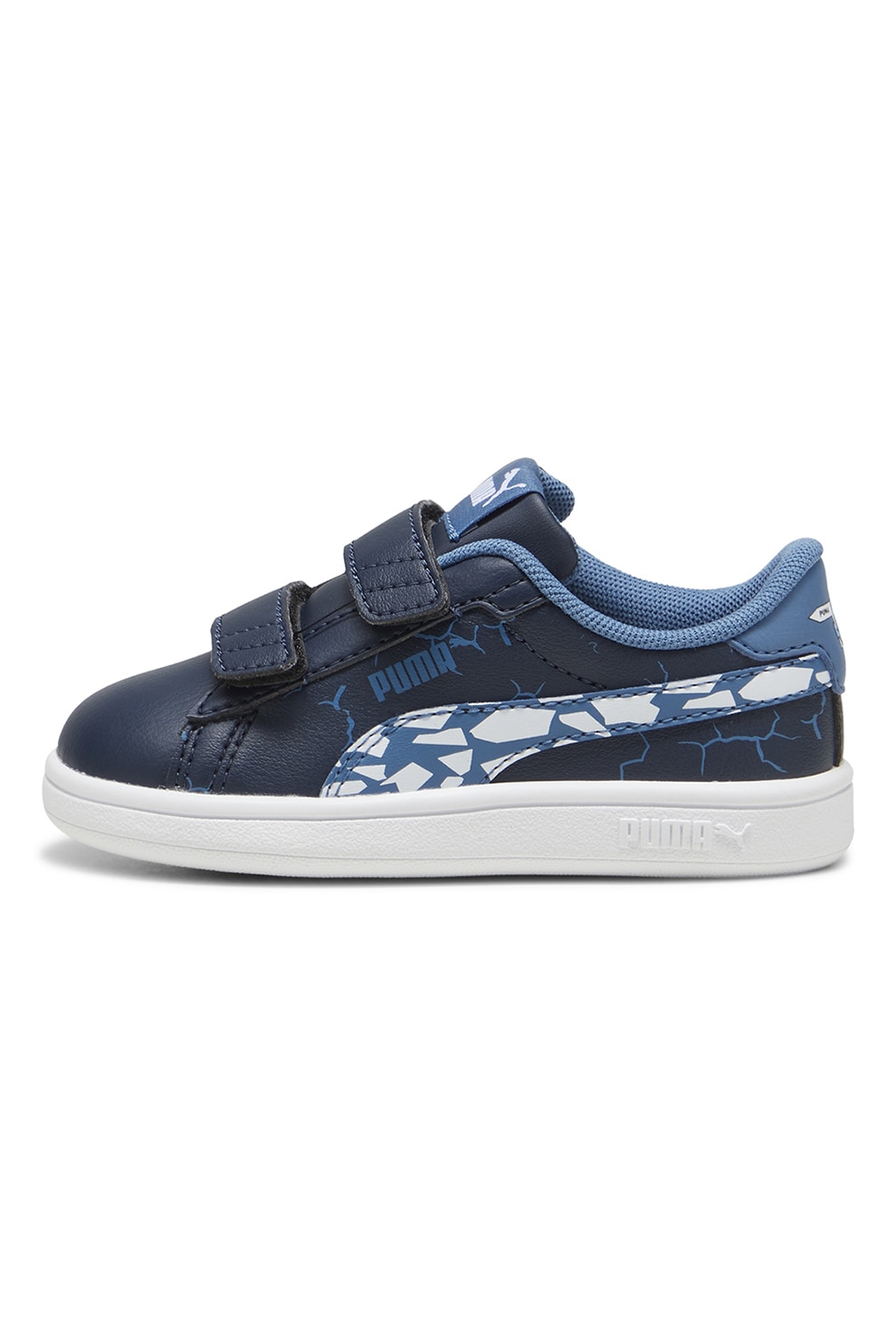Puma, Pantofi sport din piele ecologica cu garnituri cu imprimeu Smash 3.0 L Icy, Alb, Albastru inchis, Albastru ultramarin, 19 EU