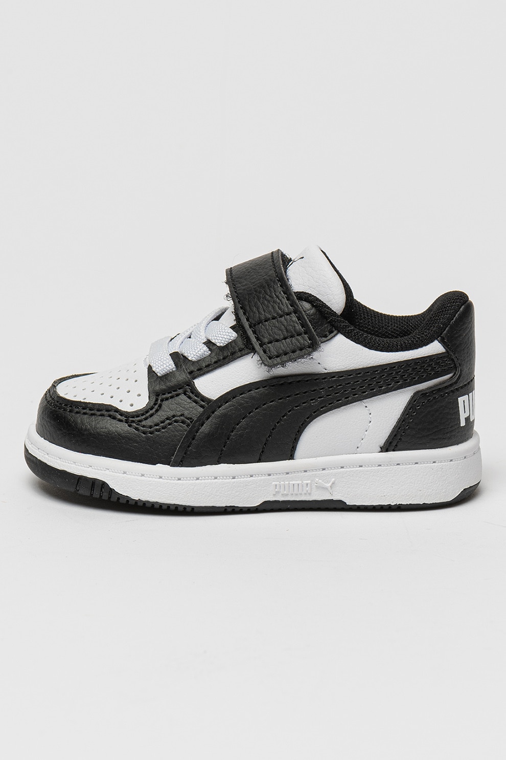 Puma, Pantofi sport din piele ecologica cu inchidere velcro Reb-L AC+, Negru, Alb optic, 22 EU