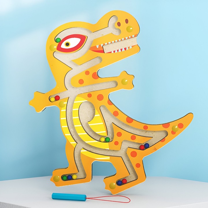 Montessori golyós játék, Southern Sky, mágneses ceruza, labirintus típusú, fából, T-Rex modell, 21x18 cm, narancssárga