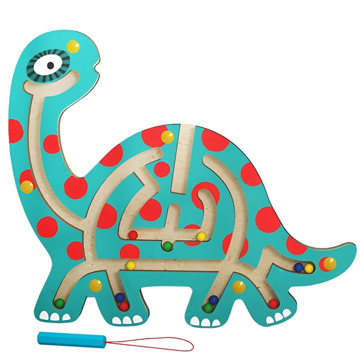 Montessori Játék golyókkal, Flippy, Mágneses ceruza, Labirintus típusú, Fa, Brontosaurus modell, 18x21 cm, Zöld