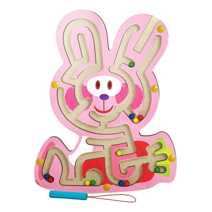 Montessori játék golyókkal, flippy, mágneses ceruza, labirintus típusú, fa, nyúl modell, 19,5x15,5 cm, rózsaszín