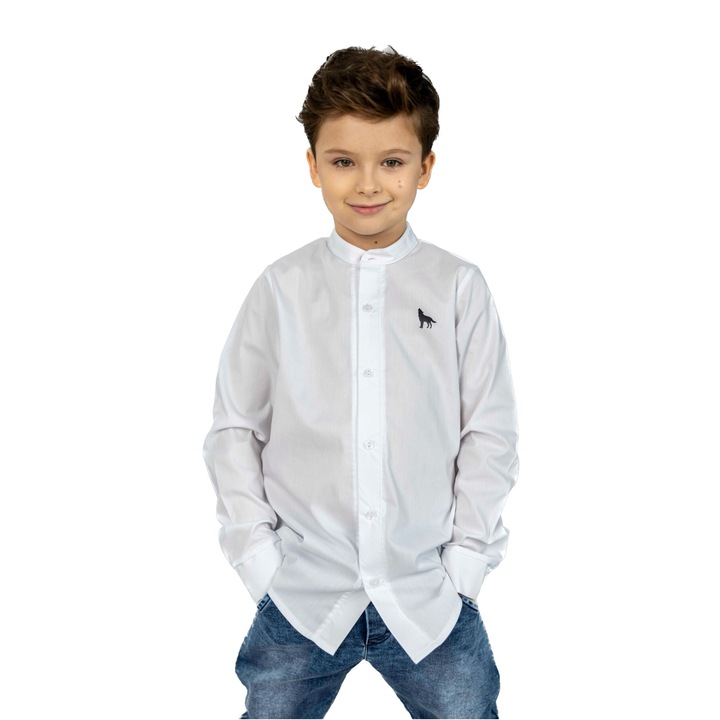 Camasa pentru baieti fara guler, cu maneca lunga, deschidere cu nasturi, Alb