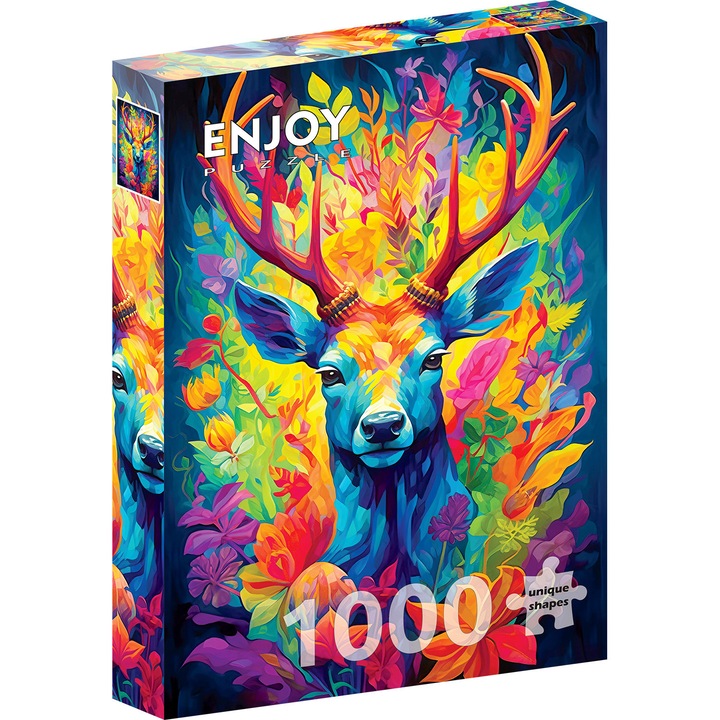 Puzzle 1000 Piese ENJOY – Crowned Stag, Cerb Salbatic in Padurea cu Flori Colorate – Aspect Mat Anti-Reflexii, Suprafata Catifelata, Piese Rigide cu Forme Unice, Imbinare Stransa, Culori Intense, Inlocuire Piese Lipsa – 68x48 cm