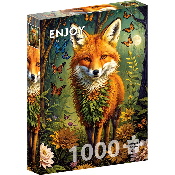Puzzle 1000 Piese ENJOY – Enchanted Fox, Vulpe Magica in Padure cu Flori si Fluturi – Aspect Mat Anti-Reflexii, Suprafata Catifelata, Piese Rigide cu Forme Unice, Imbinare Stransa, Culori Intense, Inlocuire Piese Lipsa – 68x48 cm