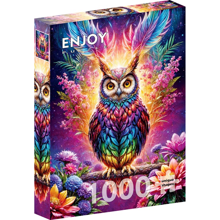 Puzzle 1000 Piese ENJOY – Neon Owl, Bufnita Magica Curcubeu si Flori – Aspect Mat Anti-Reflexii, Suprafata Catifelata, Piese Rigide cu Forme Unice, Imbinare Stransa, Culori Intense, Inlocuire Piese Lipsa – 68x48 cm