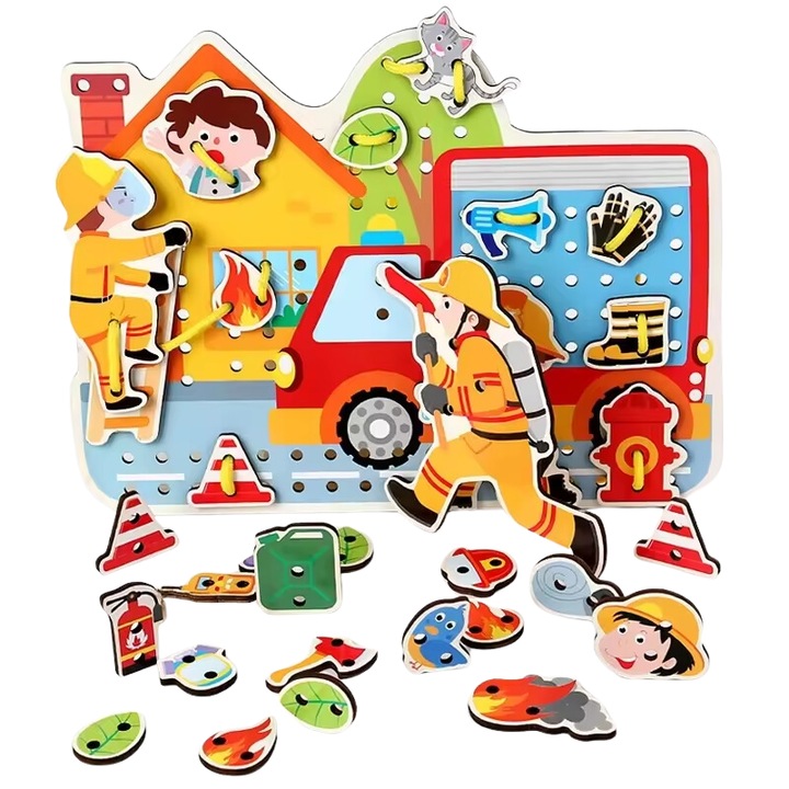 Puzzle Interactiv din Lemn, Pompieri, 31 piese de Snuruit pentru Dezvoltarea Abilitatilor Motorii si Educatia Copiilor, 29x21.5 Cm, +3 Ani, Utility One