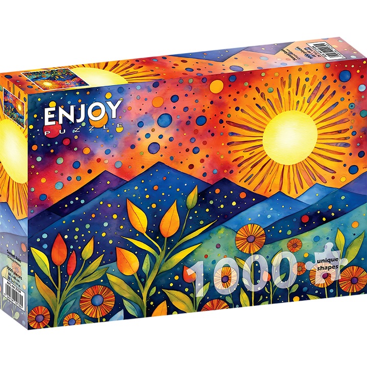 Puzzle 1000 Piese ENJOY – Sunset Rain, Peisaj la Apus cu Munti, Flori si Ploaie – Aspect Mat Anti-Reflexii, Suprafata Catifelata, Piese Rigide cu Forme Unice, Imbinare Stransa, Culori Intense, Inlocuire Piese Lipsa – 68x48 cm