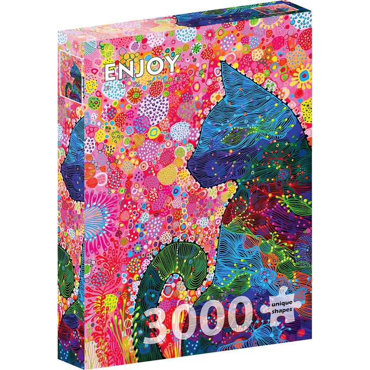 Puzzle 3000 Piese ENJOY – Wandering Cat, Pisica Colorata in Gradina cu Flori – Aspect Mat Anti-Reflexii, Suprafata Catifelata, Piese Rigide cu Forme Unice, Imbinare Stransa, Culori Intense, Inlocuire Piese Lipsa – 96x68 cm