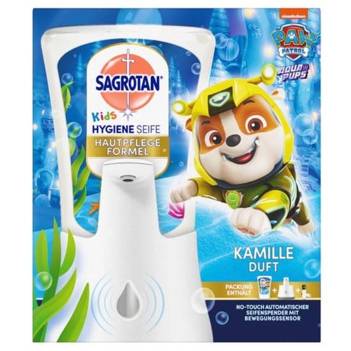 Dozator de sapun Sagrotan No Touch Kids + pachet de reumplere Paw Patrol MUSETEL