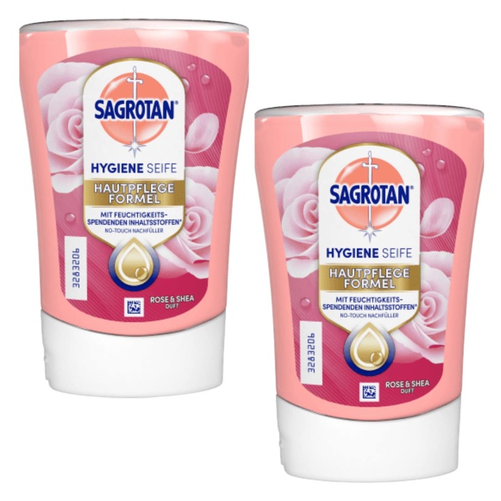Set 2 Rezerve sapun lichid antibacterian Sagrotan No Touch cu Trandafir pentru dispenserul automat cu senzor, 250 ml - compatibil cu DETTOL