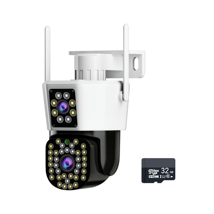 Jortan JT-8293QJ 6 MP WiFi kettős megfigyelő kamera, Full HD, kültéri vagy beltéri, riasztó, mozgásérzékelő, éjjellátó, push üzenetek, mikrofon, hangszóró, Yoosee alkalmazás, fehér + 32 GB memóriakártya