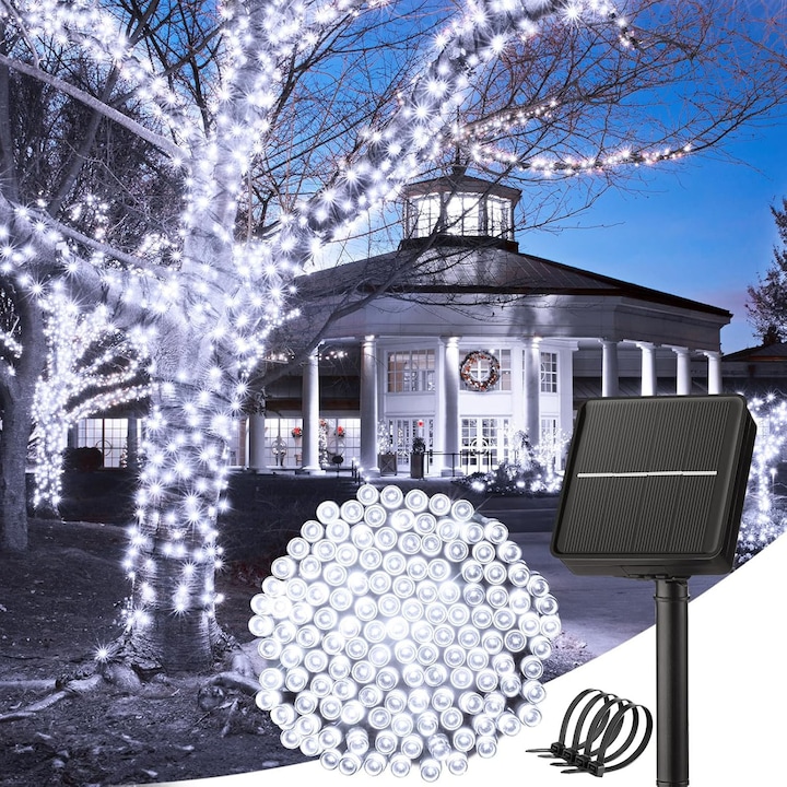 Set 2 Lampi Solare, SINBINTA, 100 LED, rezistenta la apa IP44, 8 moduri de iluminare, Cablu 12 m, Cu cravata din nailon, Panou solar ajustabil, Usor de instalat, Pentru gradinii, coridor si copac, ABS, Alb rece
